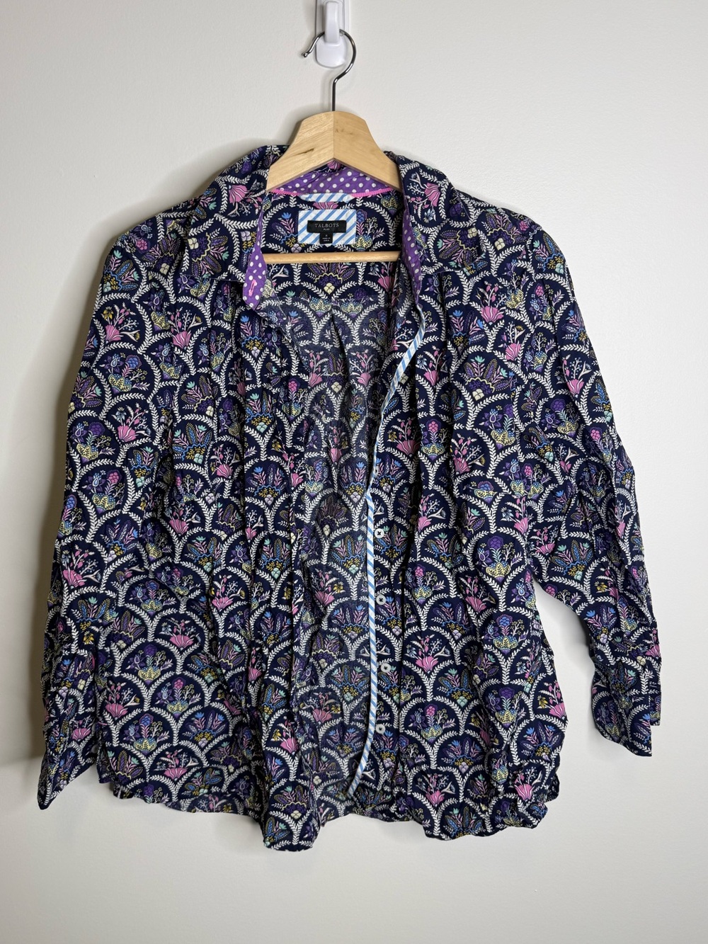 Talbots Navy Button-Down Shirt with Pink & Lavender Floral Print size 1x